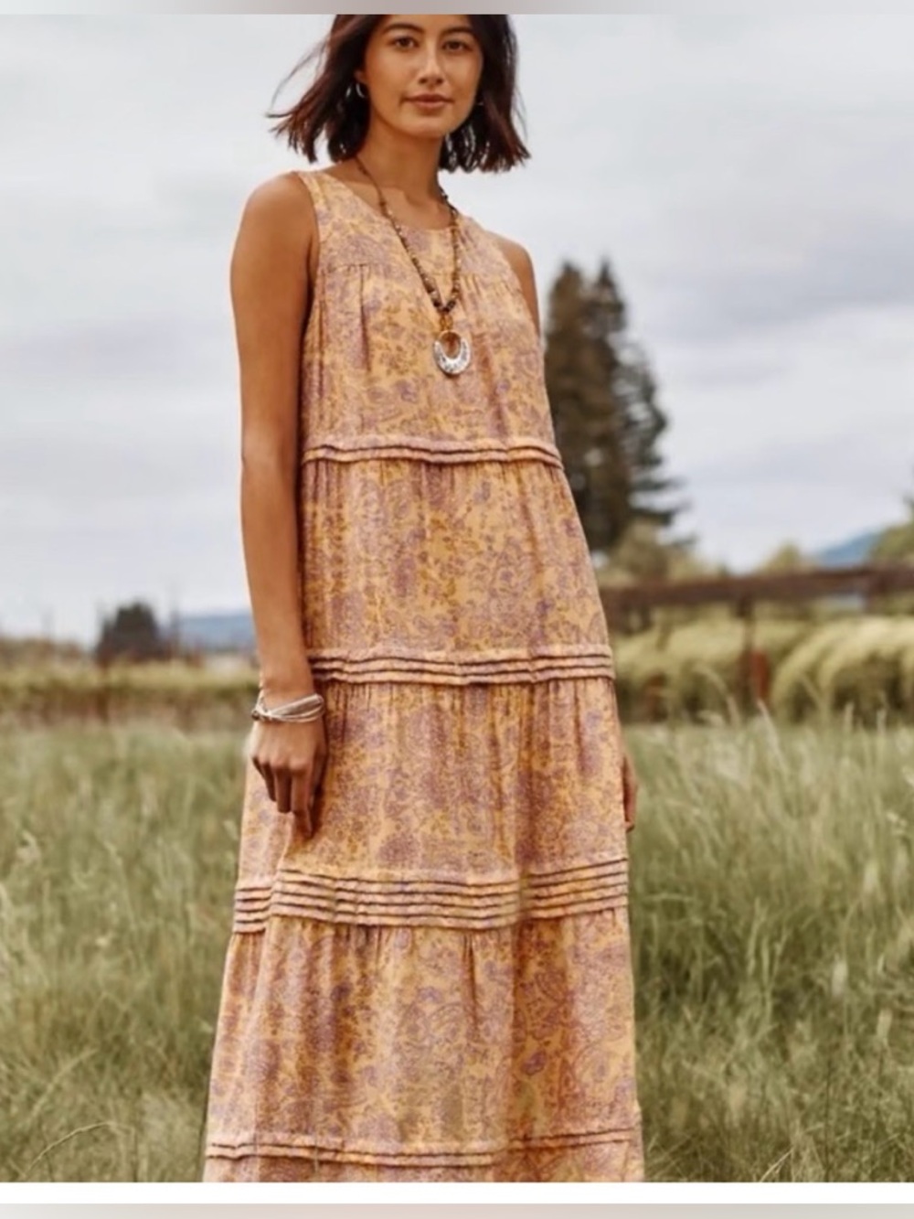 J Jill Sleeveless Yellow & Purple Floral Tiered Boho Maxi Dress Size M